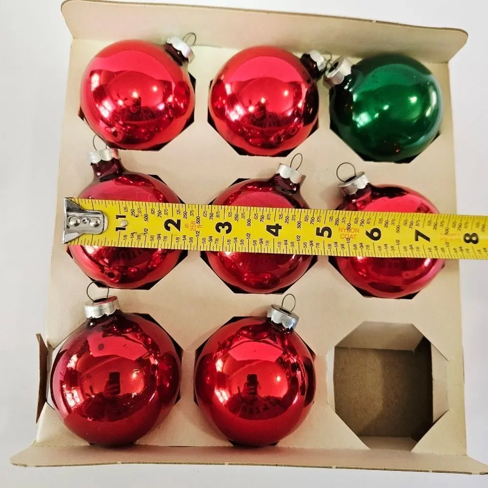 Vintage 1960's Essex Franke Red Ball Glass Christmas Ornament Set of 8 In Box